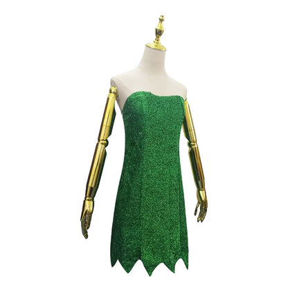 New Pixie Fairy Cosplay Costume Tinker Bell Green adult Dress Tinkerbell Halloween Party Sexy Cosplay Mini Dresses and Wig