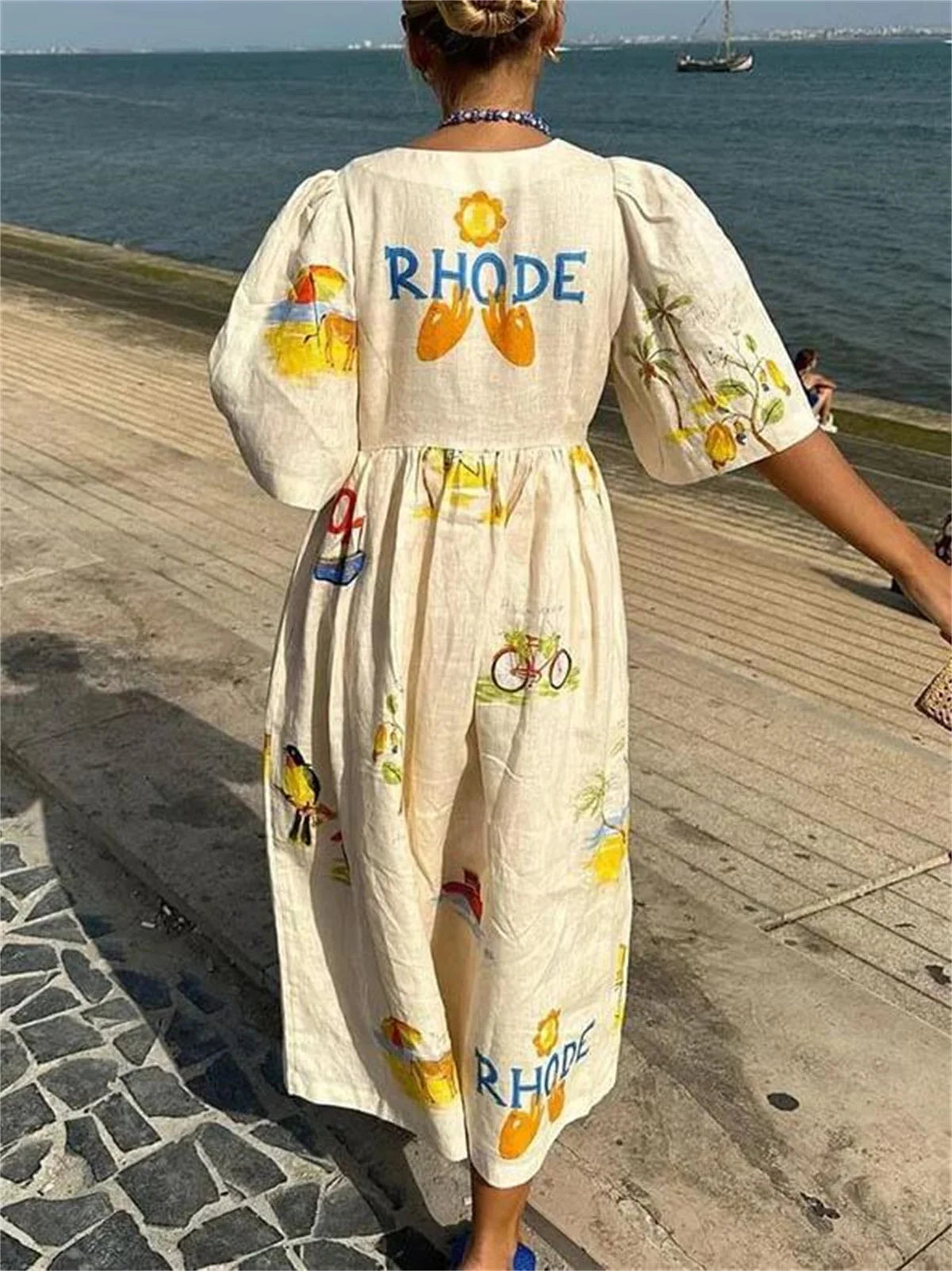 Robe mi-longue à col en V et imprimé dessin animé pour femme, tenue décontractée, ample, manches courtes bouffantes, été 2024, chic, vacances, plage