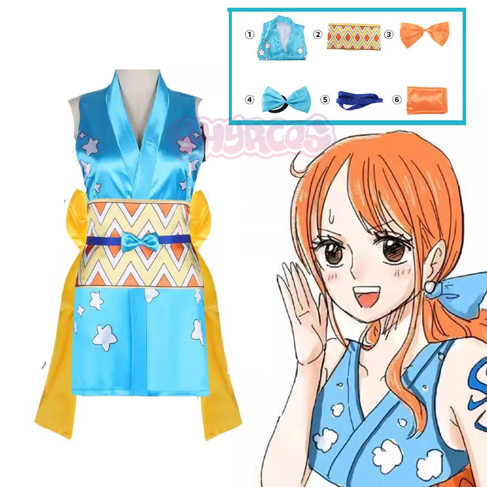 Anime Wano Country Nami Cosplay Costume Wanokuni Nami Sexy Kimono Dress Halloween Costume Wig For Women Men 6PCS Accessories