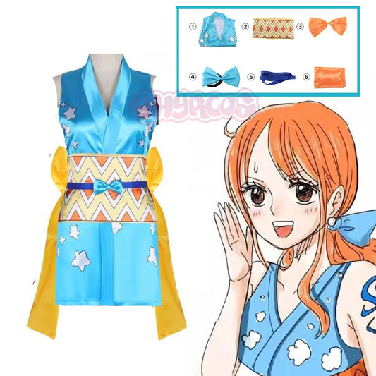 Anime Wano Land Nami Cosplay Kostüm Wanokuni Nami Sexy Kimono Kleid Halloween Kostüm Perücke Für Frauen Männer 6PCS Zubehör