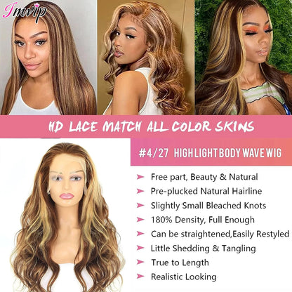 Perruque Lace Front Wig Body Wave 13x4 13x6 HD Highlight pour femmes, cheveux humains Remy P4/27, perruques en cheveux humains ombrés avec dentelle frontale