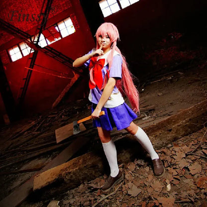 Anime 2. Mirai Nikki Gasai Yuno Lolita Sailor Cosplay Kostüm Loli Bogen Kurzen Rock Perücke Länge 80cm Für Frauen