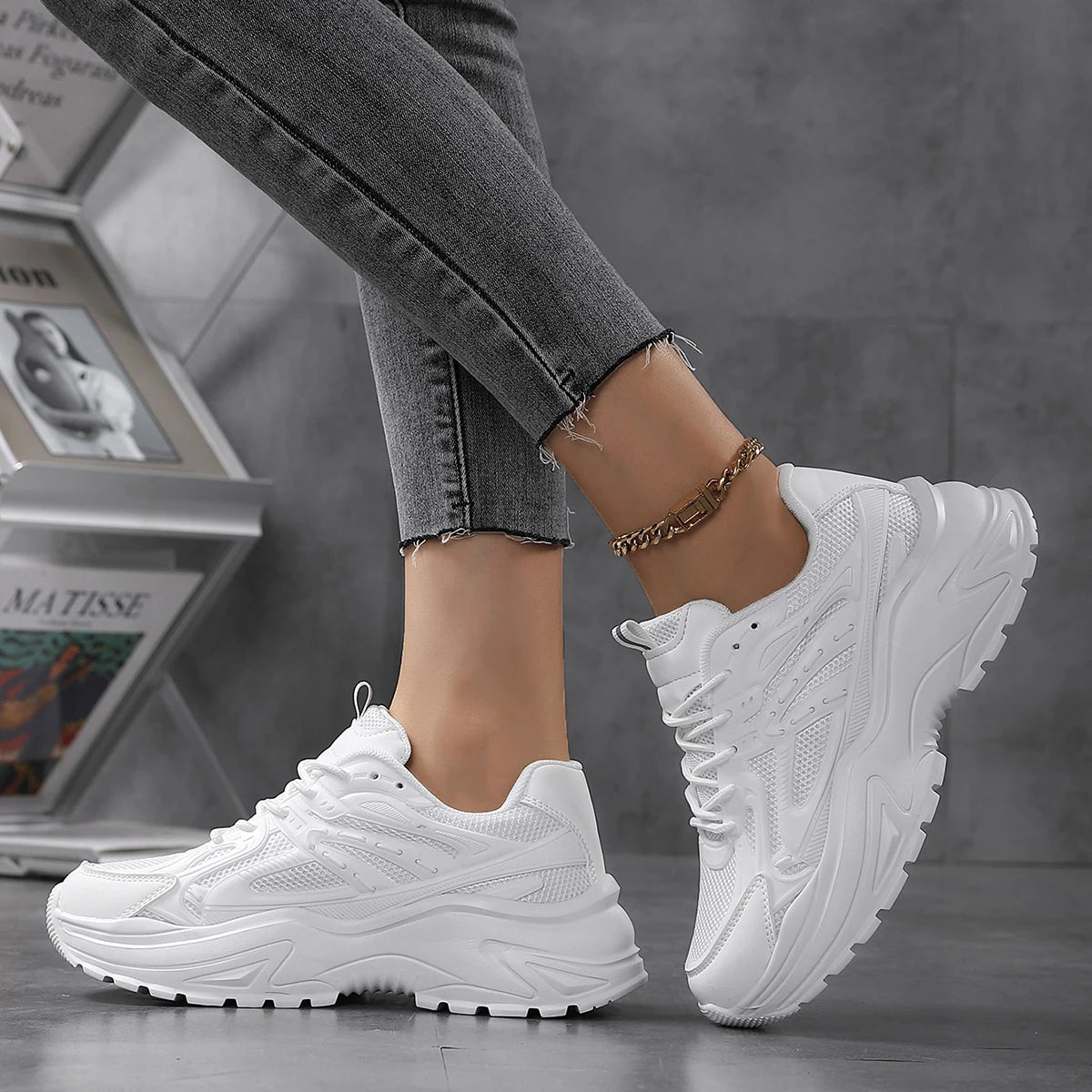 Womens Fashionable Chunky Mesh Sneakers - Breathable & Comfortable Elevator Design - Solid Color Trainers for Everyday Walking