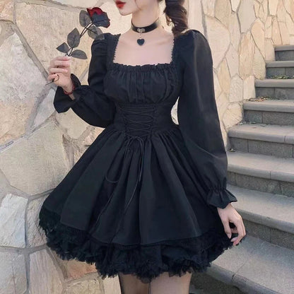 Long Sleeves Lolita Black Dress Goth Aesthetic Puff Sleeve High Waist Vintage Bandage Lace Trim Party Gothic Clothes Dress Woman