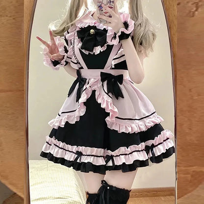 Robe Lolita noire et rose mignonne française, tenue de femme de chambre, costume de chat girly doux avec nœud, robes de bal d'anniversaire, robe d'été pour fille