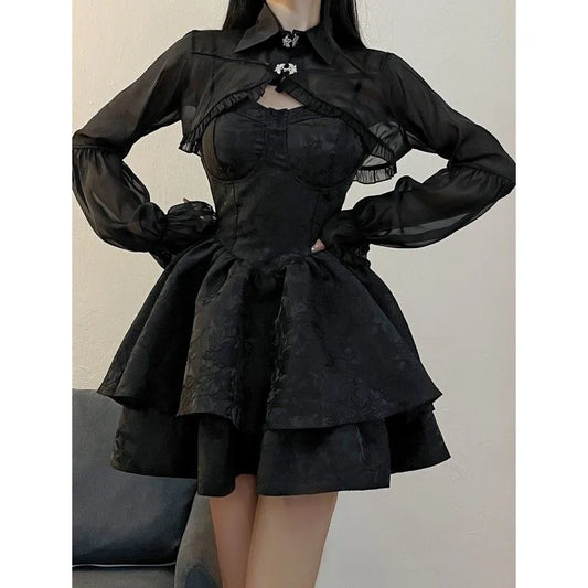 Schwarzes Sexy Lolita-Kleid für Damen, Gothic, Vintage, Minikleider, Harajuku, Halloween, Cosplay, Kostüme, Langarm, Fee-Kleid, Frau