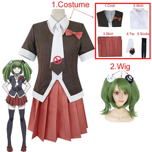 Anime Kostüme Danganronpa Monaka Cosplay Kostüm Gymnasiast Uniform Cafe Arbeitskleidung Kurzer Rock Pferdeschwanz Perücke