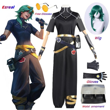 Jeu LOL HEARTSTEEL Ezreal Cosplay Costume LOL HEARTSTEEL GQ Ezreal Noir Unisexe Costume Halloween Ensemble Complet avec Lunettes