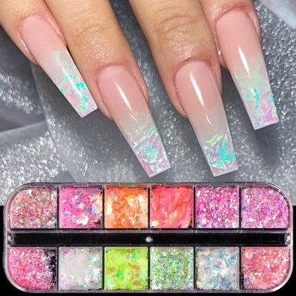 12 grilles Aurora Chameleon Nail Glitter Flakes Paillettes irrégulières en verre de cristal Poudre Brillante Sirène Paillette Nail Art Décoration