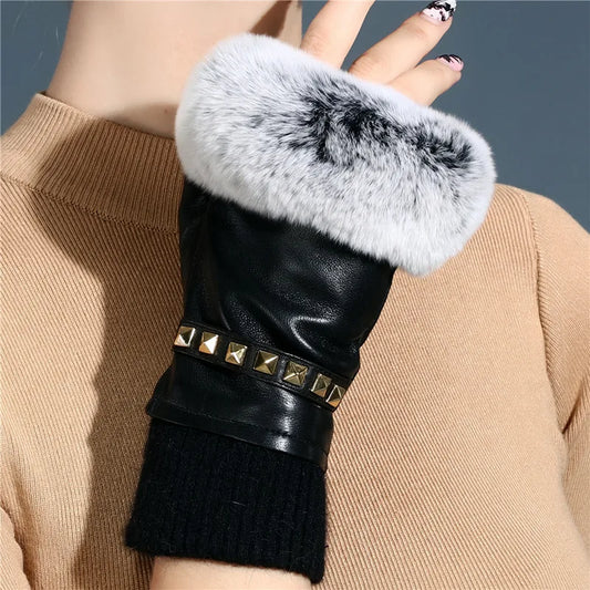 Gants d'hiver en cuir véritable pour femme en fourrure de lapin, épais et chauds, sans doigts, avec rivets, pour conduite d'hiver, R294