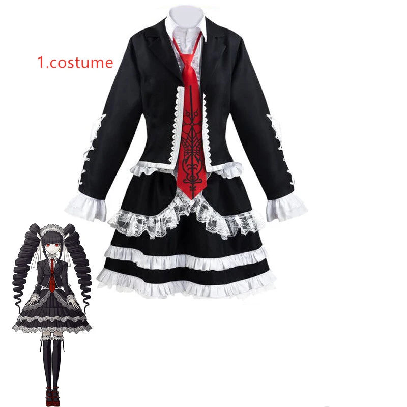 Costume de Cosplay de Danganronpa Celestia Ludenberg, perruque de Cosplay de Yasuhiro Taeko, anneau en os en métal, vêtements comprenant une chemise, une cravate et des chaussettes