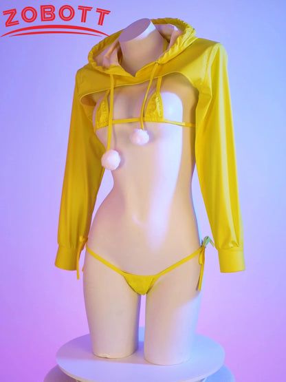 Anime Pu Leder Bikini Set Hoodie Top Cosplay Kostüm Sexy Japanische Mädchen Unterwäsche Nachthemd Rollenspiel Student Outfits Dessous