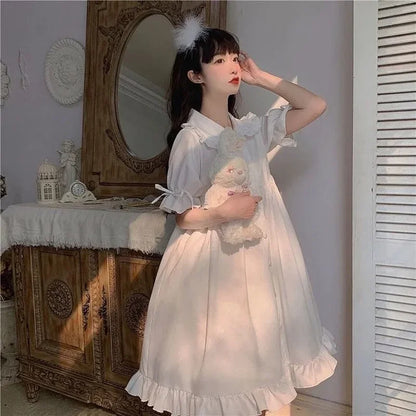 Japanese Sweet Girl Lolita Dress White 2021 Summer Kawaii Peter Pan Collar Cute Ruffle Puff Sleeve Drees Elegant Lady Dresses