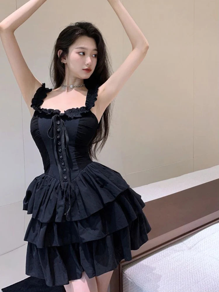 Jmprs Sexy Slip Lolita Style Black Dress Women Vintage Sleeveless Y2K Mini Dress Summer Slim Sweet Korean Lace Up Cake Dress New