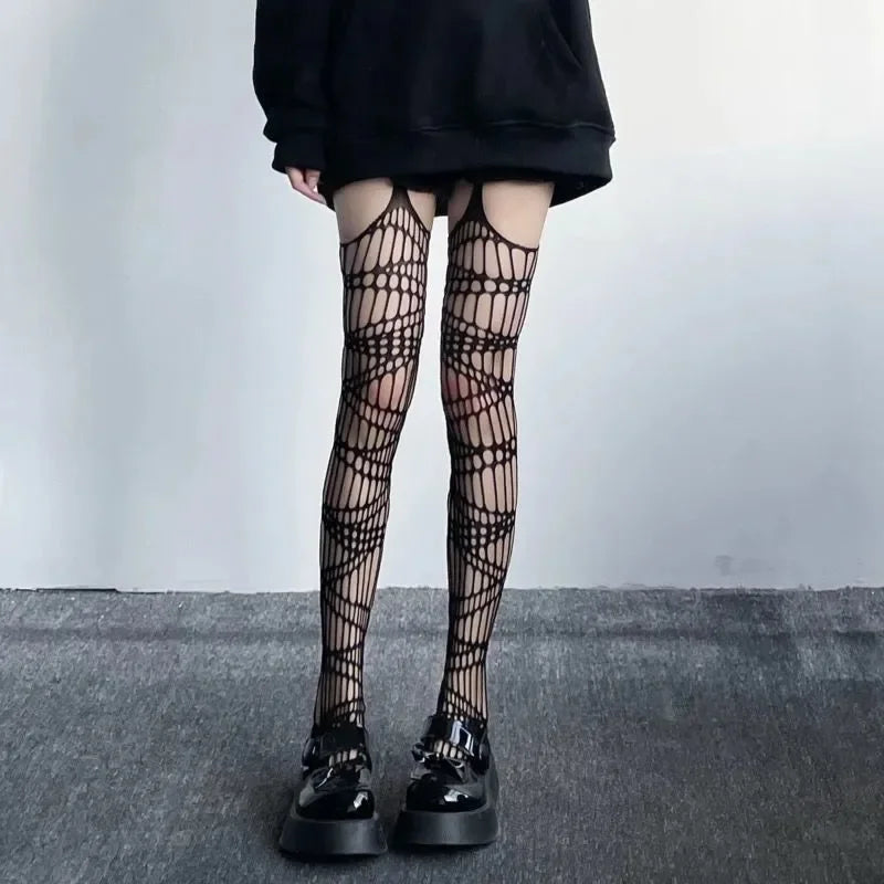 Lolita Gothique Filles Évider Résille Bas Femmes Mode Halloween Collants Noirs Jarretière Au-dessus Du Genou Chaussettes Collants Transparents