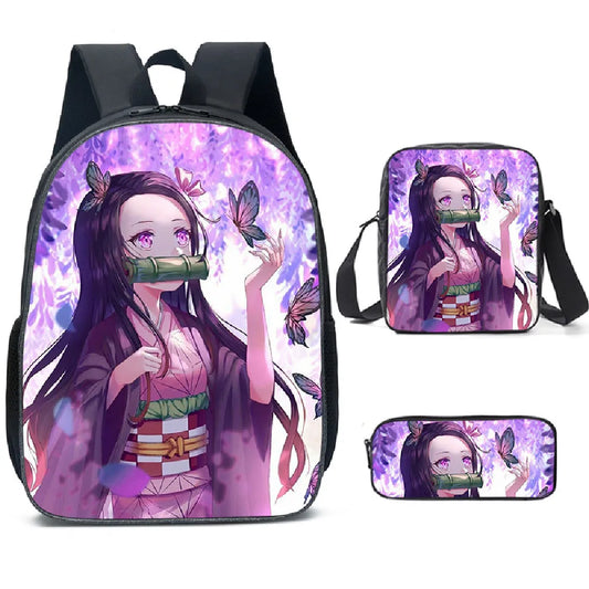 Anime Fashion Demon Slayer: Kimetsu No Yaiba Süßer Nezuko-Schulranzen-Rucksack Schülerrucksack Dreiteiliges Geschenk zum Schulanfang