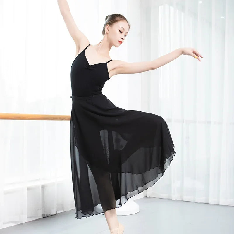 Langer Wickel-Ballettrock aus Chiffon für Erwachsene, weiches Lyrical-Ballettkleid in Schwarz, Burgunderrot, Blau, Rosa, Weiß, Ballett-Tanzkostüm