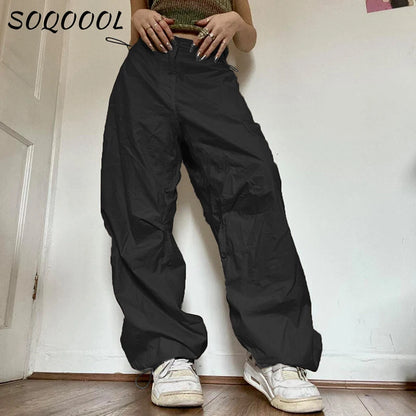 Y2K Drawstring Cargo Pants Women Low Waist Pocket Sweatpant Streetwear Vintage Baggy Wide Leg Trousers Oversized Parachute Pants