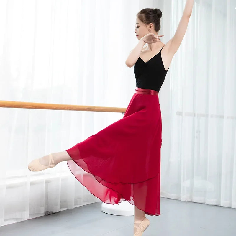 Langer Wickel-Ballettrock aus Chiffon für Erwachsene, weiches Lyrical-Ballettkleid in Schwarz, Burgunderrot, Blau, Rosa, Weiß, Ballett-Tanzkostüm