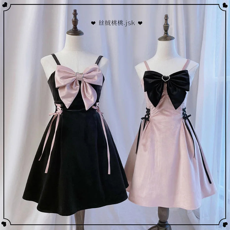 HOUZHOU Robe Lolita Rose Kawaii Bow Bandage Slip Robes Femmes Goth Noir Sexy Sans Manches Y2k Femme Robe Douce Cosplay Tenue