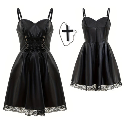 Robe de cosplay Misa Amane pour femme avec bordure en dentelle, style gothique, en similicuir, sexy, pour Halloween