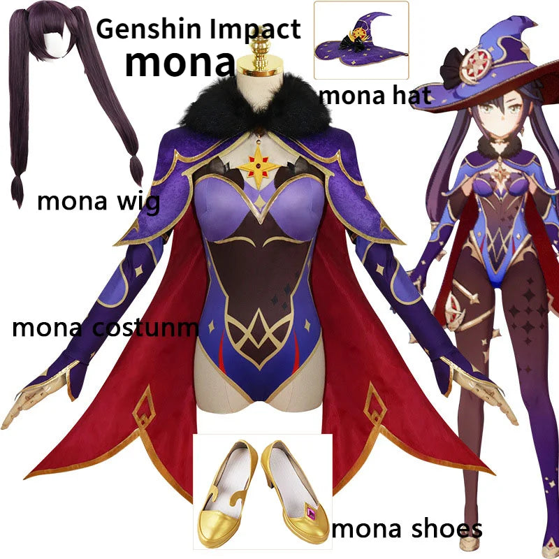 Anime Spiel Genshin Impact Cosplay Mona Kostüm Mädchen Frauen Mädchen Halloween Karneval Party Sexy Kleid Uniform Cosplay Perücke Outfit