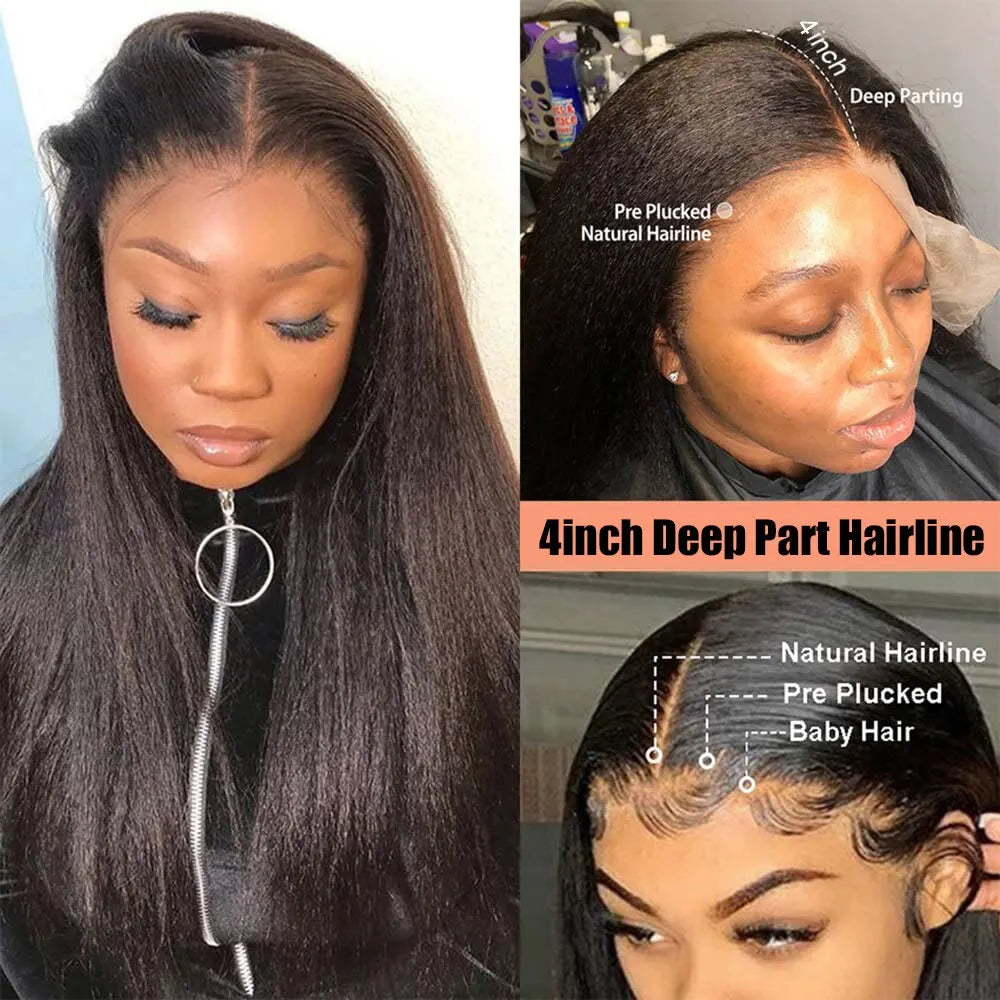 Kinky Straight Lace Front Wigs Human Hair 13x4 Yaki Straight Human Hair Lace Front Wigs Pre Plucked HD Transparent Wigs 12"-30"