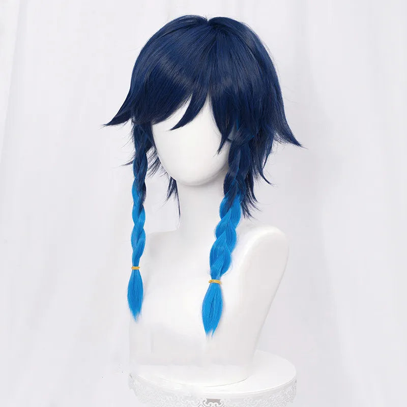 Genshin Impact Venti Cosplay Unisexe 50cm Bleu Perruque Cosplay Anime Cosplay Tresse Perruques Synthétiques Résistantes à la Chaleur + Bonnet de Perruque