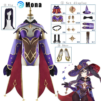 Genshin Impact Mona Cosplay Costume Chinois Ancien Costume Halloween Carnaval Vêtements Pour Filles uniformes Perruques Chaussures Ensembles