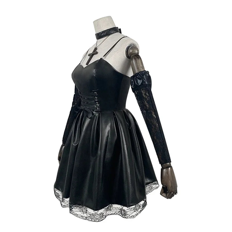 Robe de cosplay Misa Amane pour femme avec bordure en dentelle, style gothique, en similicuir, sexy, pour Halloween