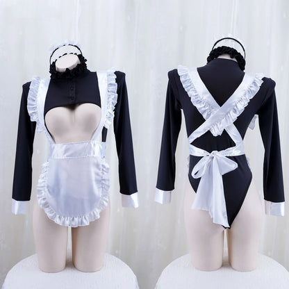 Anime High Split Hollow Dienstmädchen Uniform Schürze Langarm Japanisches Dienstmädchen Cosplay Kostüm Süßes Nachthemd Rollenspiel Halloween Outfits