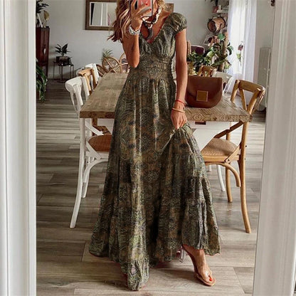 Bohemian Sommer Vintage Lange Kleider Frauen 2024 Elegante Blumen Druck V-ausschnitt Vestidos Strand Urlaub Casual Große Schaukel Maxi Kleider