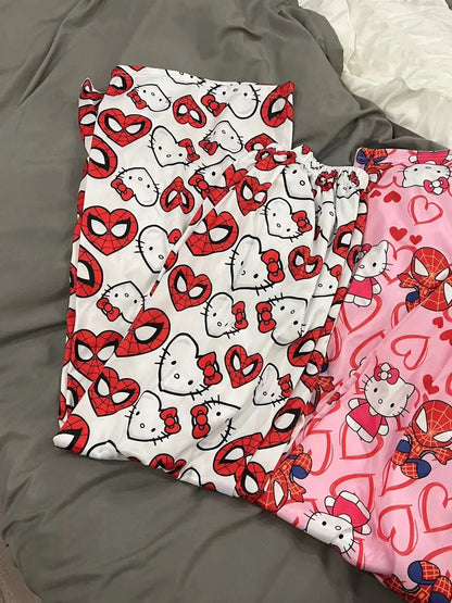 Pantalon de pyjama anime Hello Kitty Spider-Man Pantalon ample de dessin animé Y2K Vêtements de famille Pantalon de couple Cadeau pour fille