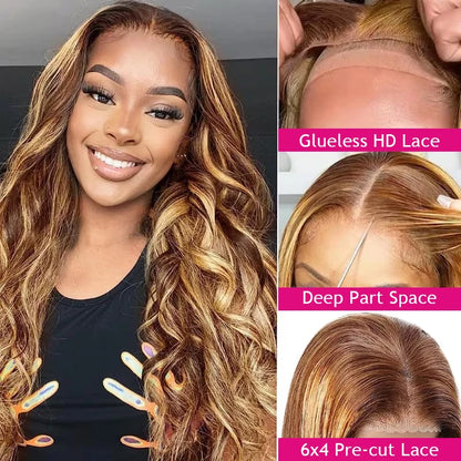 Perruque sans colle Wear Go perruques de cheveux humains en dentelle frontale blonde miel colorée Ombre Highlight Body Wave 13x6 HD perruque frontale en dentelle en vente