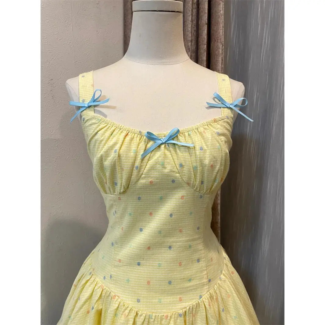 Robe caraco à pois jaune pour fille japonaise, robe d'été légère et luxueuse, mignonne, taille Lolita, amincissante, ligne A, courte, pour femme