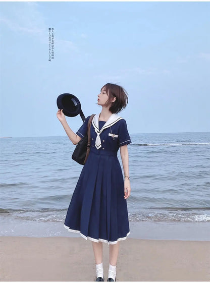 CGC Preppy Style JK Sailor Dresses Vintage Summer Midi Dresses For Women 2024 Japanese Pleated Dress Kawaii Lolita White Dresses