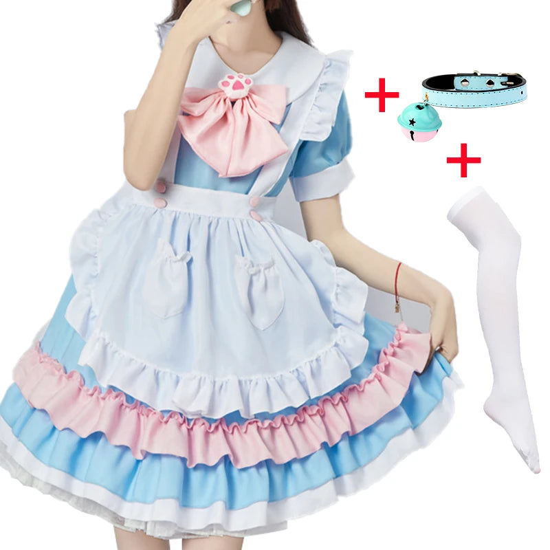 4 styles Anime Maid Lolita Cosplay Costume Robe rose Griffe de chat Maid Bow Cloche Collier et bas blancs