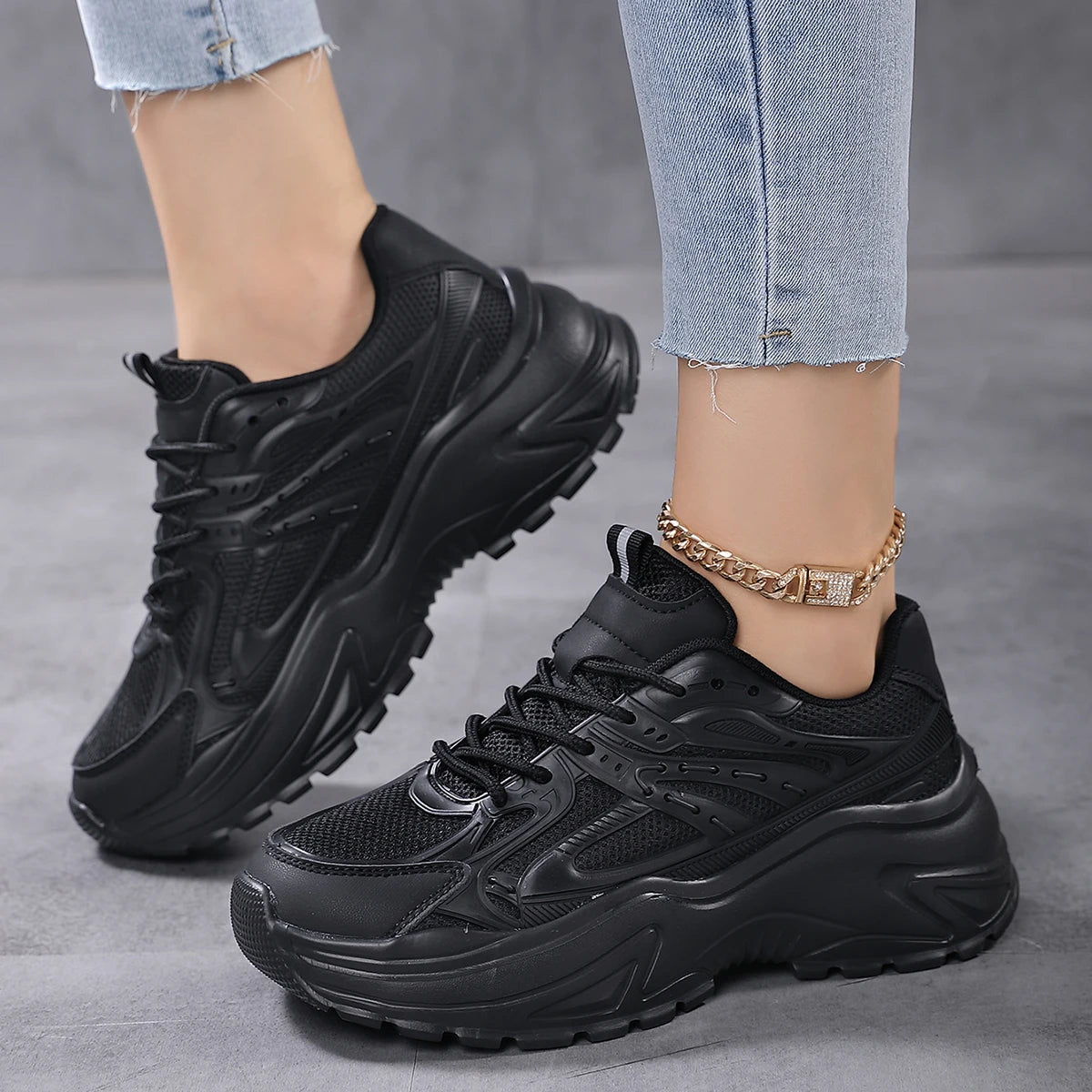 Womens Fashionable Chunky Mesh Sneakers - Breathable & Comfortable Elevator Design - Solid Color Trainers for Everyday Walking