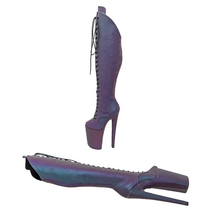 Leecabe 23CM/9 zoll holographische Obermaterial Offene spitze Pole dance schuhe High Heels Pole Dance