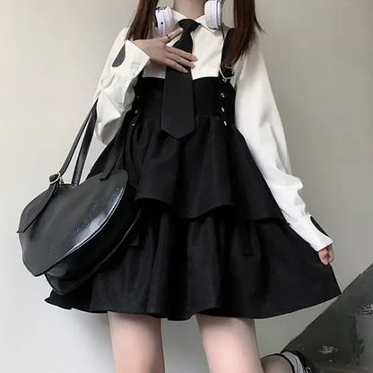 HOUZHOU Kawaii Robe Lolita Noire Femmes Volants Superposés Japonais Sans Manches Bretelles Mignon Mini Robe Style Preppy Robe D'été Scolaire