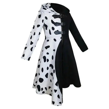 Costume Cruella Deville pour filles, combinaison dalmate noire, robe de fête d'Halloween, cosplay, pour filles de 4 à 12 ans