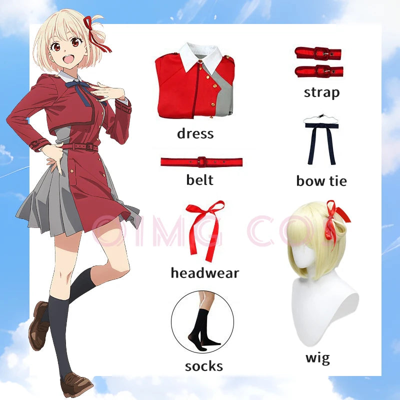 Lycoris Recoil Nishikigi Chisato Cosplay Inoue Takina Costumes Women Dress for Halloween Party Carnival Uniform Wig Anime