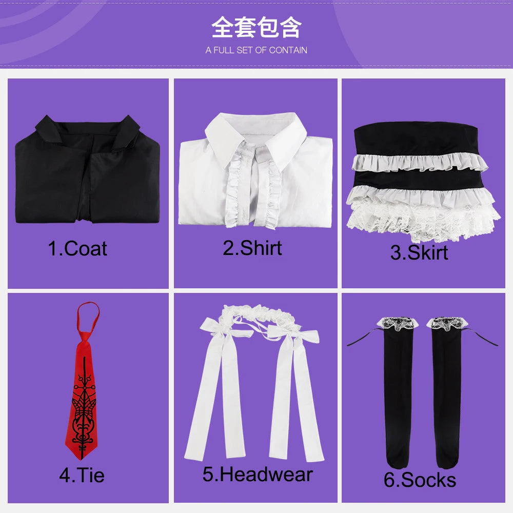 Costume de Cosplay de Danganronpa Celestia Ludenberg, perruque de Cosplay de Yasuhiro Taeko, anneau en os en métal, vêtements comprenant une chemise, une cravate et des chaussettes