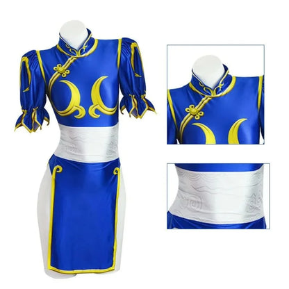 Costume de Cosplay Chun Li Jeu SF Chunli Jeu de Rôle Tenue Qipao Bleue Ensemble Complet Jackie Kung fu Costume de Fête d'Halloween Pour Le Plaisir