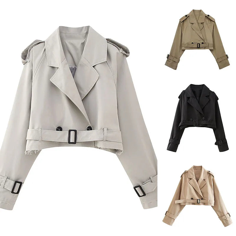 Gürtel Cropped Trench Jacke Frauen Herbst Mode Vintage Streetwear Zweireiher Langarm Top Weibliche Chic Dame Mantel Outfits