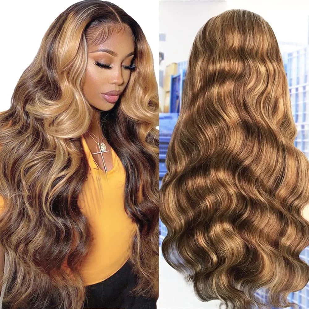 Perruque Lace Front Wig Body Wave 13x4 13x6 HD Highlight pour femmes, cheveux humains Remy P4/27, perruques en cheveux humains ombrés avec dentelle frontale