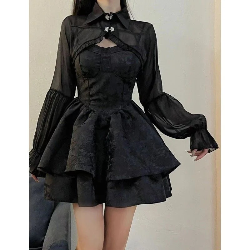 Schwarzes Sexy Lolita-Kleid für Damen, Gothic, Vintage, Minikleider, Harajuku, Halloween, Cosplay, Kostüme, Langarm, Fee-Kleid, Frau