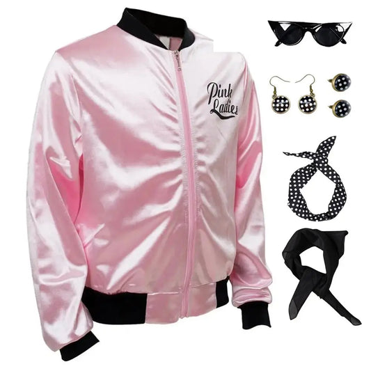 Cosplay Pink Ladies Grease Costume Retro Jacket Fancy Cheerleader Adulte Femmes Filles Rose Automne Manteau Halloween Party Costume