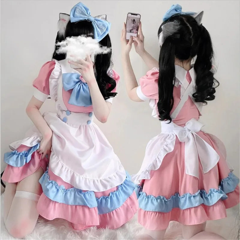 Tenue de femme de chambre Kawaii Lolita Anime Tenue de femme de chambre Cosplay rose + bleu Costume de jupe Lolita Costume de cosplay japonais mignon Tenue d'anime