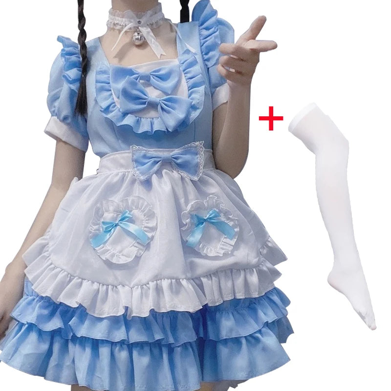 4 styles Anime Maid Lolita Cosplay Costume Robe rose Griffe de chat Maid Bow Cloche Collier et bas blancs